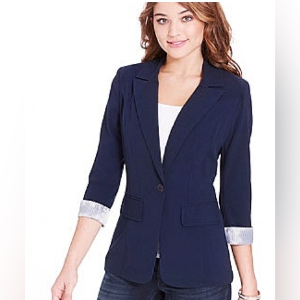 BCX Navy Blazer with blue and white Striped Cuffs